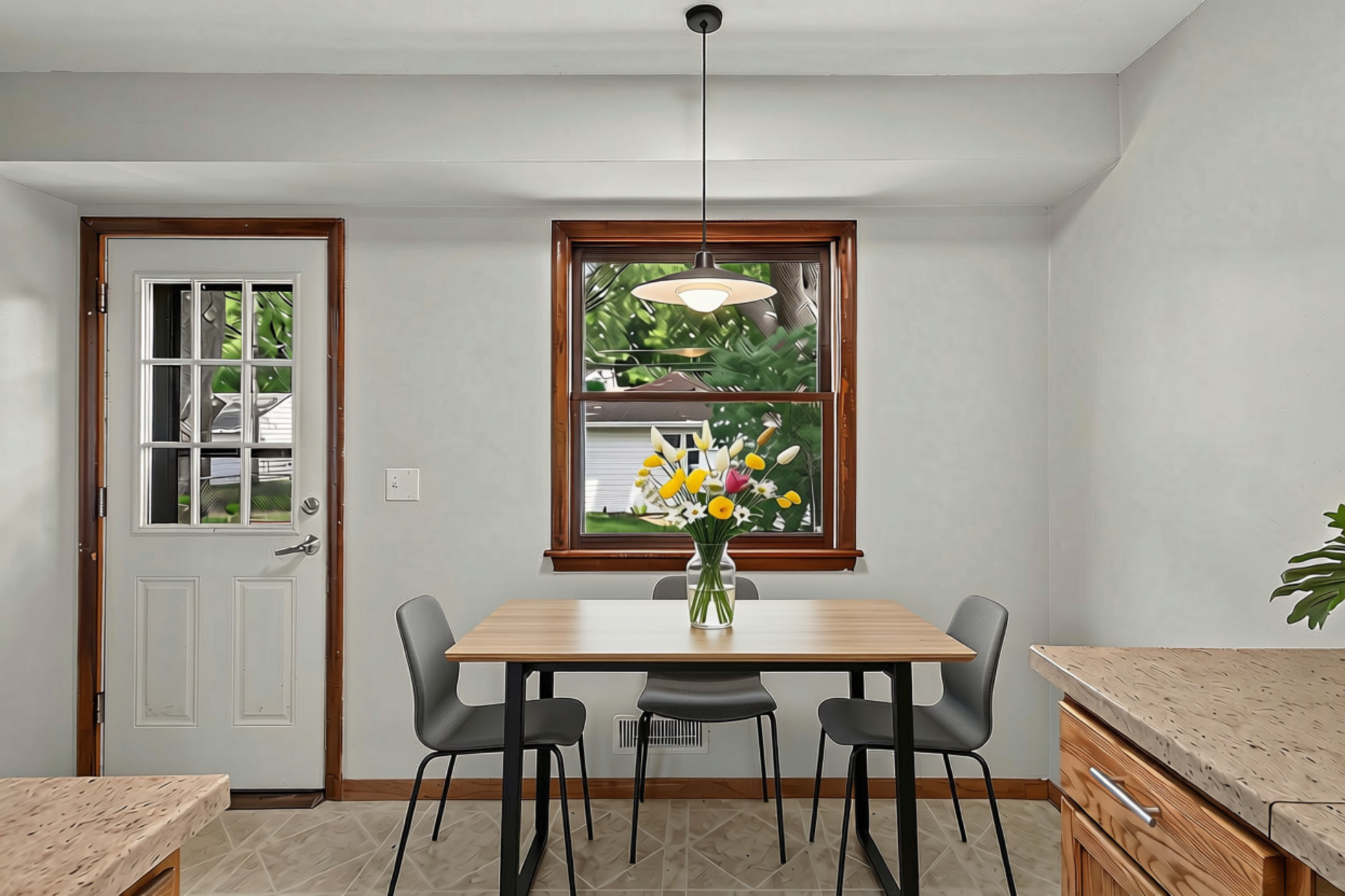 Virtually staged to show possibilities of adding a kitchen table, pantry storage or a fun coffee nook.