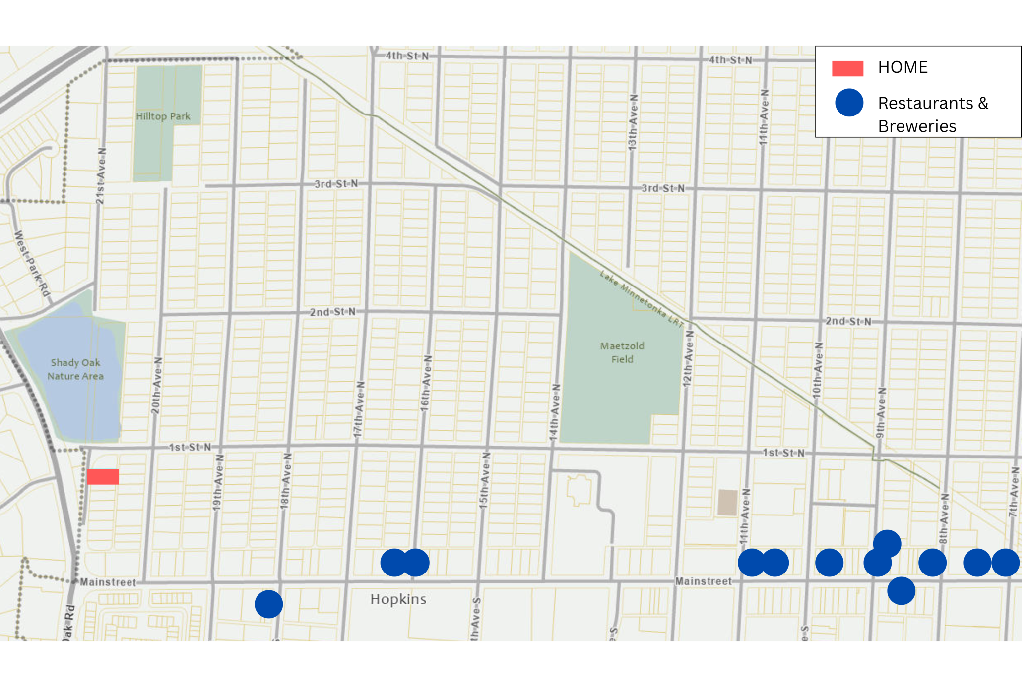 Map with approximate location of parks, restaurants and breweries.
