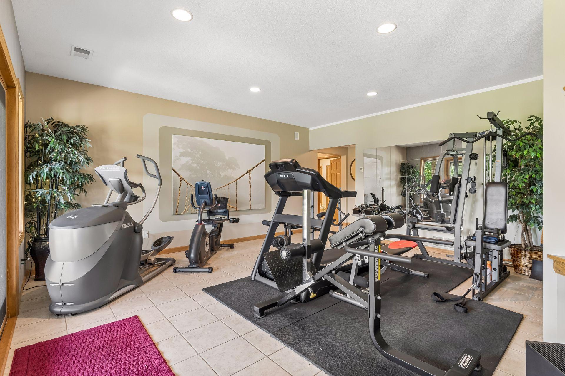 The lower-level family room (currently used as exercise room) offers flexible living options with heated tile flooring, recessed lighting, an expansive layout, and walkout access to the patio.