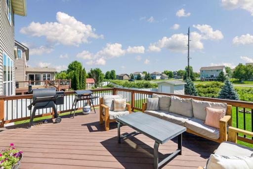 Fabulous 22 x 14 deck with stairs down to flat backyard