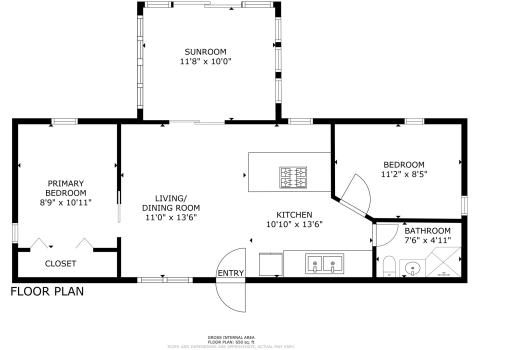 This floor plan features two comfortable bedrooms, an open-concept kitchen and living area, a three-quarter bathroom, and a lakeside screened porch with breathtaking views.