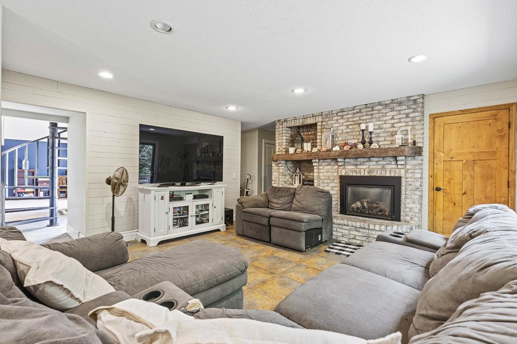 Cozy living room with brick fireplace
