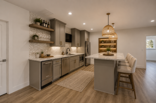 Exceptional entertaining bar complete with quartz countertops, custom cabinetry, floating shelves, beverage refrigerator, and generous island seating. (Virtually staged photo)