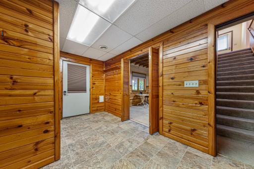 Walkout from family room easy access to half bathroom from backyard