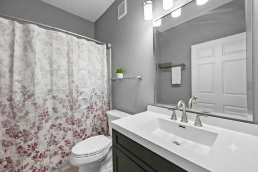 Main level full bathroom with newer vanity space and fixtures. (Virtual staging has been used to help highlight this home's features)