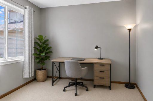 Main level 2nd bedroom with modern colors, neutral flooring. Great flex room for 2nd bedroom, guest room, etc. (Virtual staged as an office space and to help highlight this home's 2nd bedroom possibilities).
