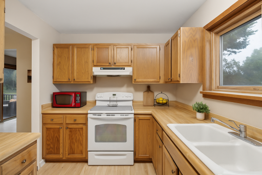 abundant cabinets and counter space with pull-outs storage.