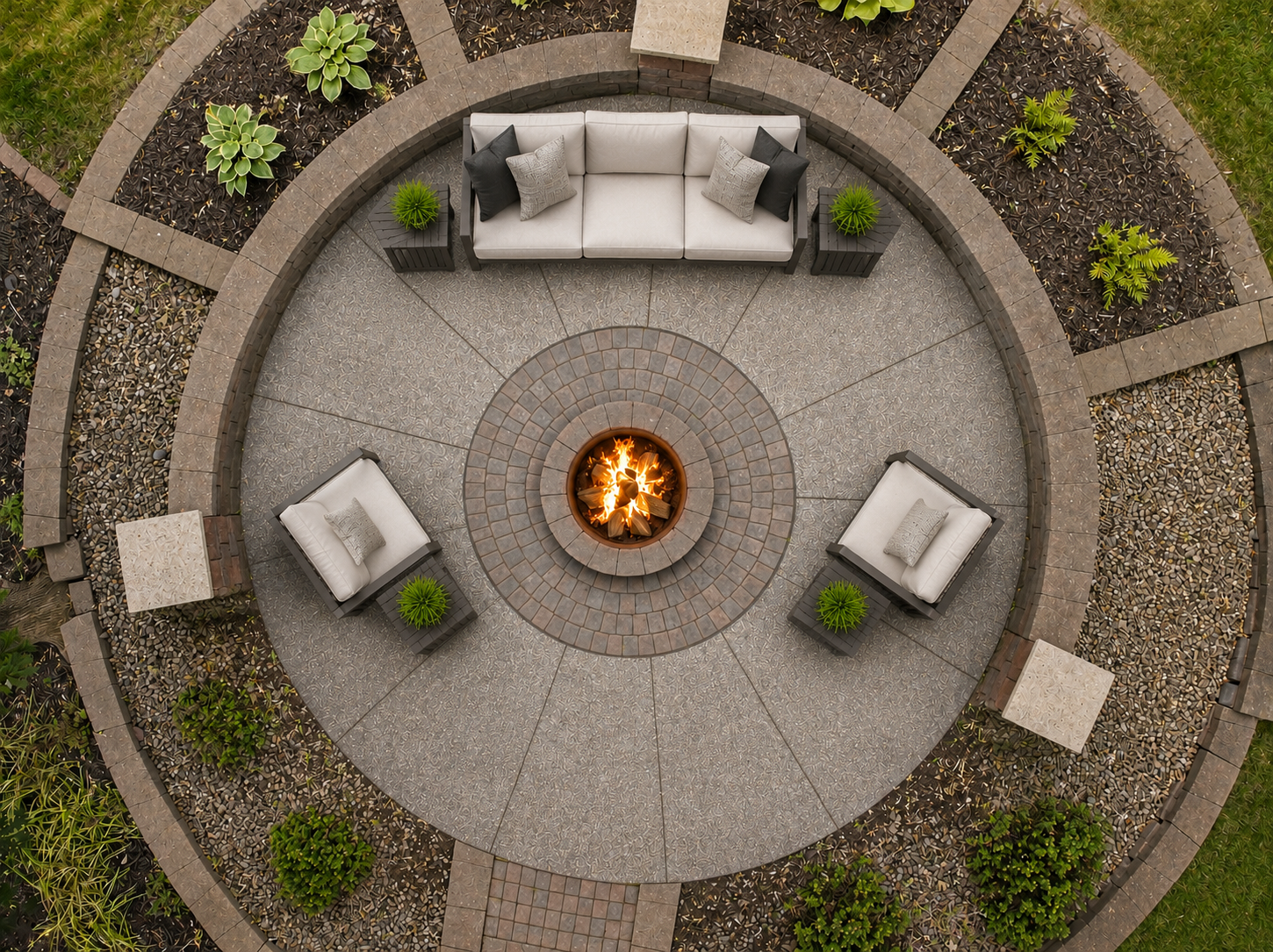 Thoughtfully designed custom fire pit patio extends your outdoor entertaining well beyond sunset. Digitally Staged
