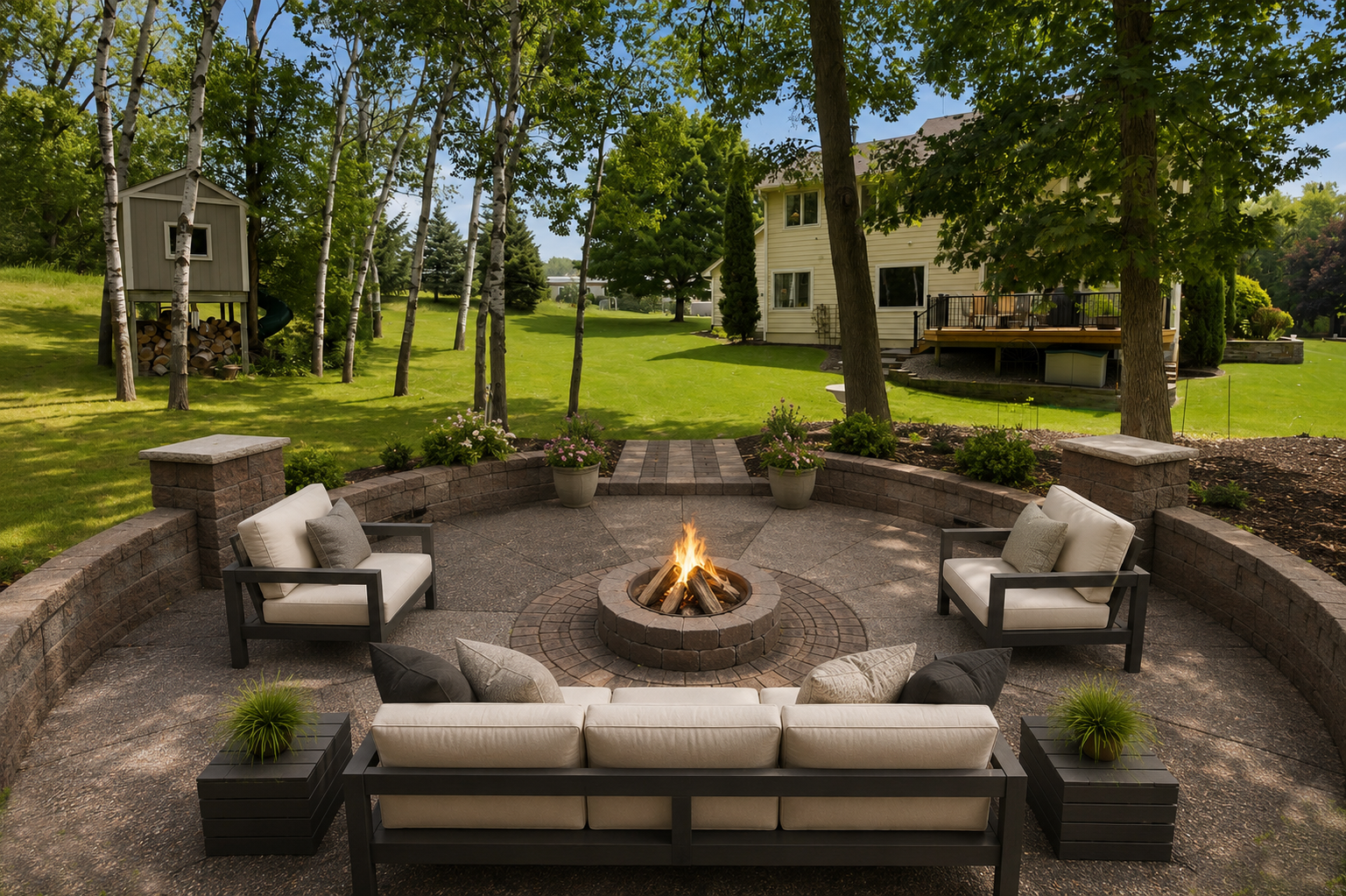 Gather around the custom stone fire pit for memorable evenings outdoors. Digitally Staged