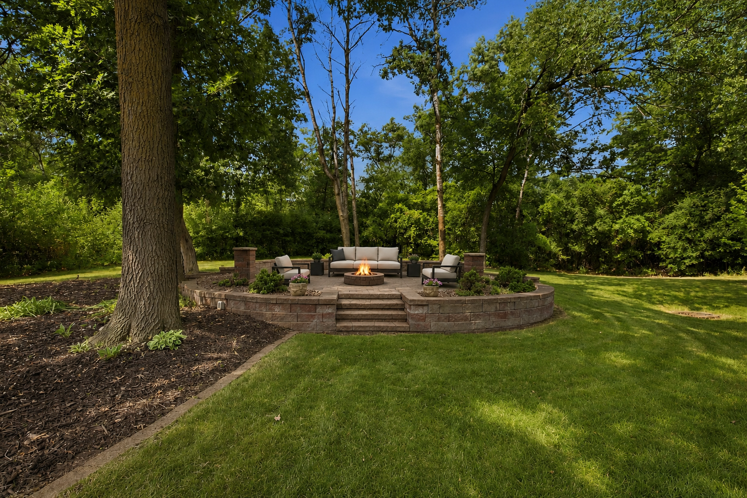 Custom brick fire pit creates the perfect gathering space for relaxing under the stars. Digitally Staged