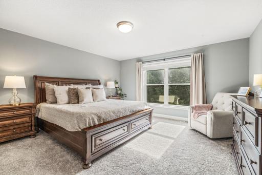Spacious primary bedroom on upper level with walk-in closet and private full bath.