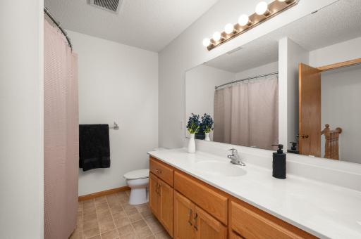 Spacious bathroom featuring an expansive double-sink vanity with abundant counter space and storage cabinetr