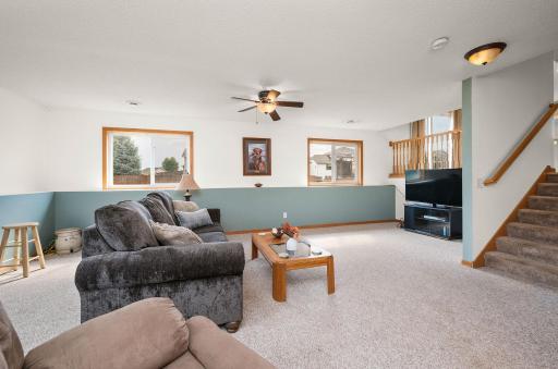 Sprawling lower-level family room offering ample space for lounge seating, media, and flex uses