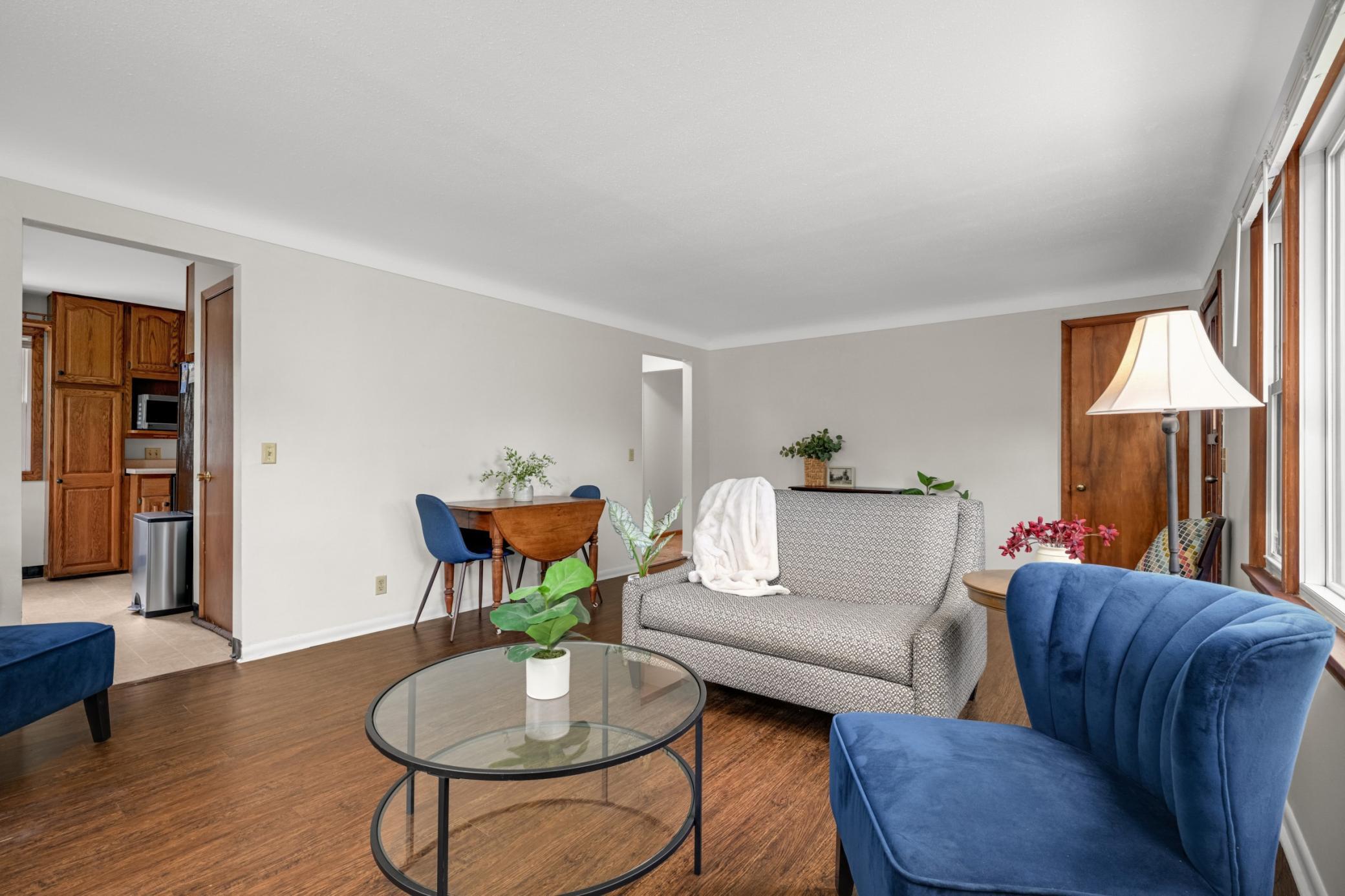 The living room flows into the kitchen.