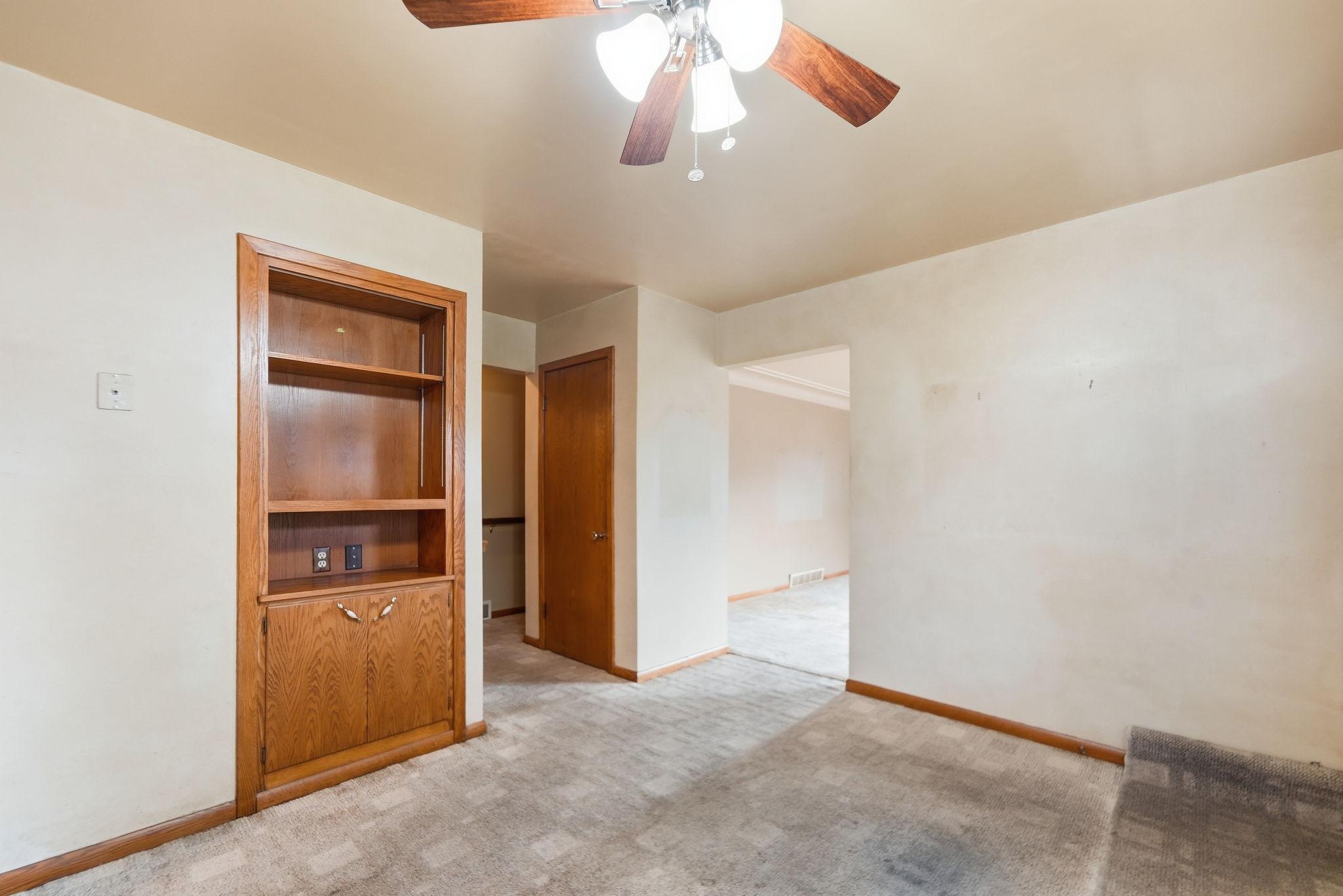 Built in shelving for decor and easy organization.