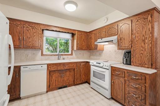 Roomy kitchen with smart triangle layout of range, sink and refrigerator.