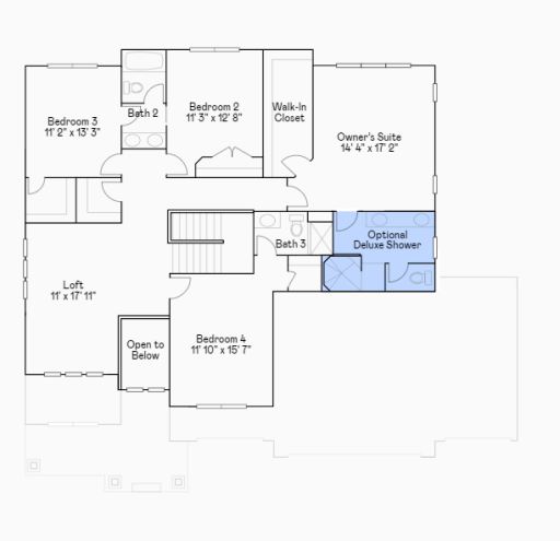 Snelling upper level floorplan with a serenity shower.