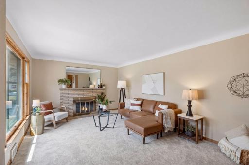 Living room with brick fireplace