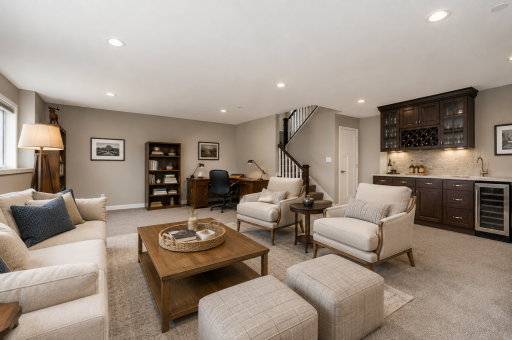 Lower Level Family Room. *Photos have been virtually staged to showcase decor including a virtually wet bar. Hook up available for future owner to design.