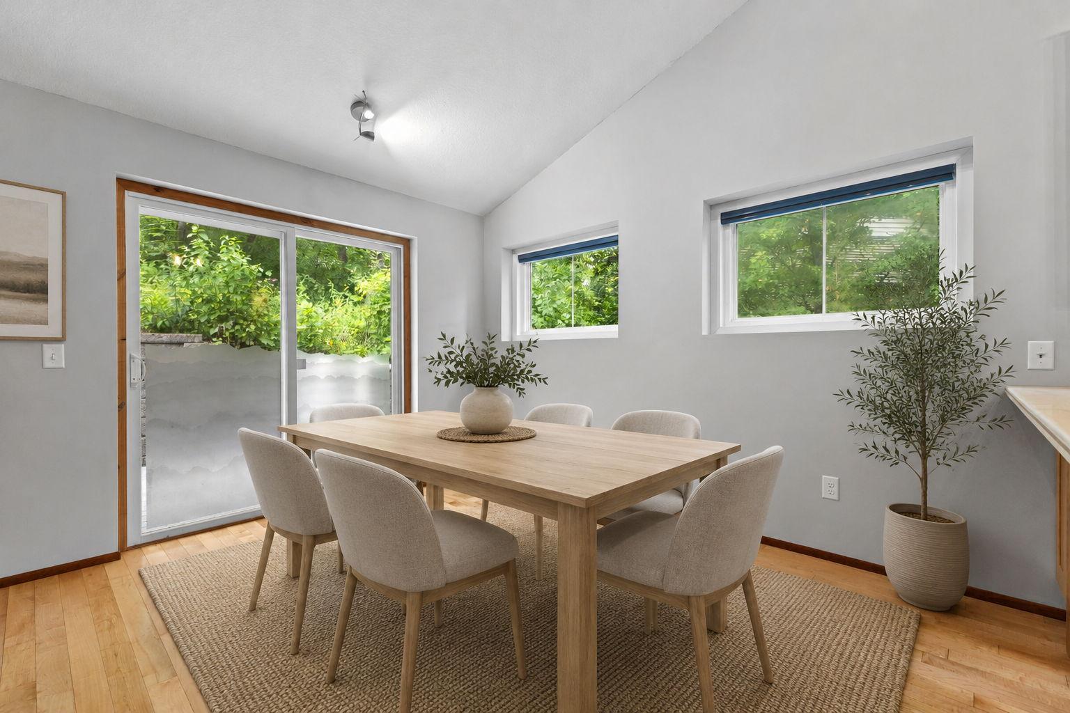 Eat at your peninsula or the dining space in the living room area- virtually staged.
