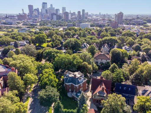 Aerial view showcasing the property's proximity to downtown Minneapolis