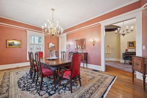 A second angle of the sophisticated formal dining room