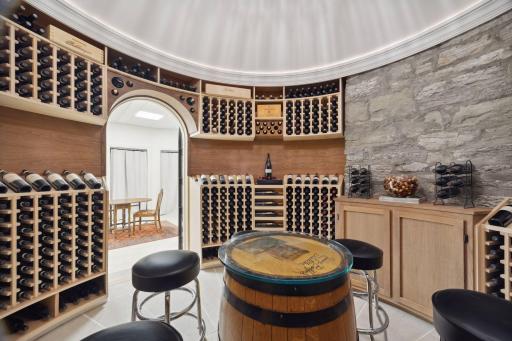 A second view of the impressive custom wine cellar