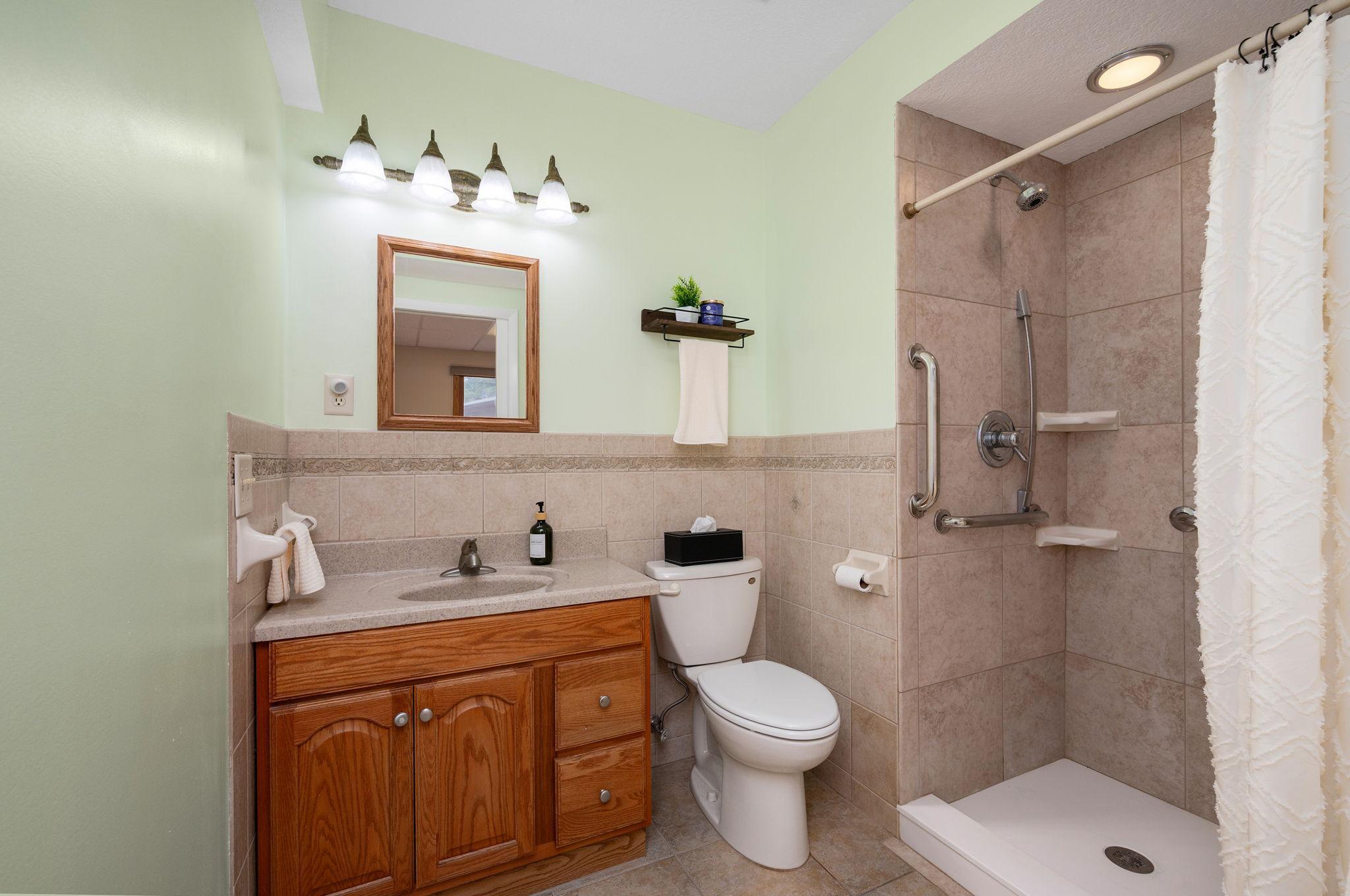 Lower-level full bathroom complete with oak vanity, walk-in tiled shower, and modern light fixtures