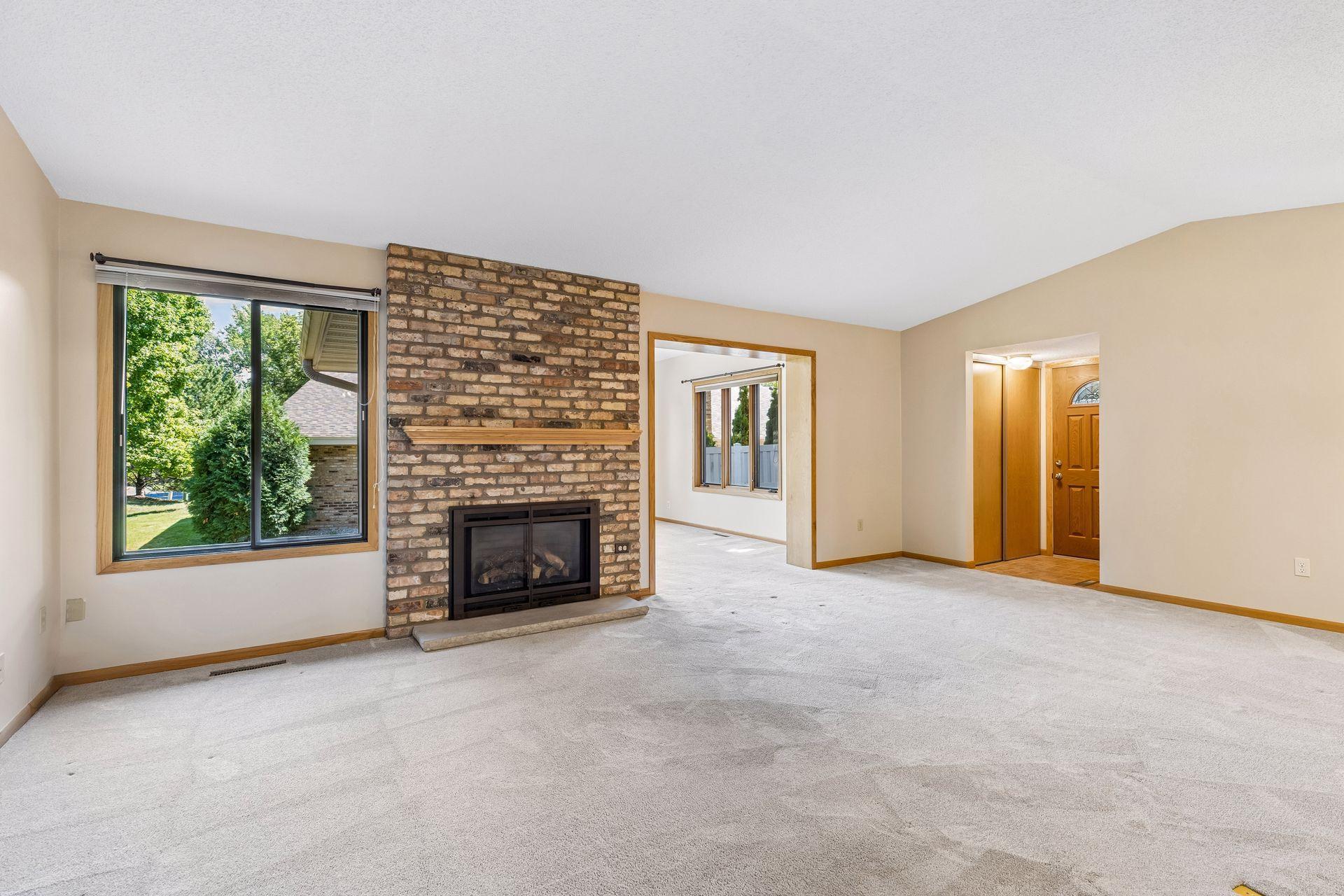Open living room with gas fireplace
