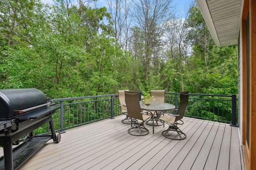 An Azek maintenance-free deck with aluminum railing offers a peaceful view of the secluded wooded backyard.