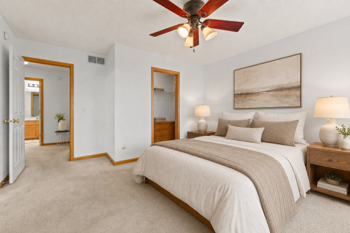 Virtually staged—generous bedroom space with convenient access to the private bath and walk-in closet.