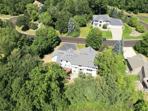 Bird's-eye view showcases the expansive roofline, large outdoor living areas, and the home's incredible setting surrounded by mature trees. A rare combination of privacy, usable yard space, and executive neighborhood living.