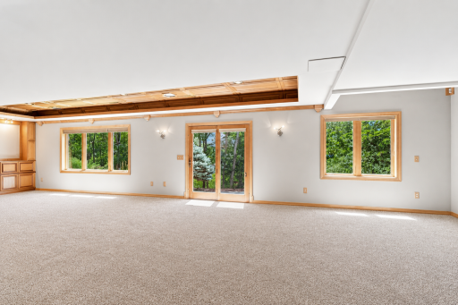 Large walkout family room with fireplace, custom millwork, and abundant natural light.