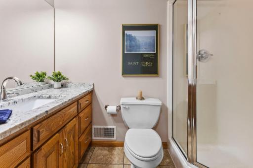 Lower level 3/4 bathroom with a walk in shower.