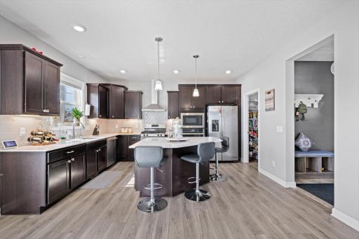 Chef's kitchen featuring an oversized center island, walk-in pantry, and direct sightlines to the mudroom entry.
