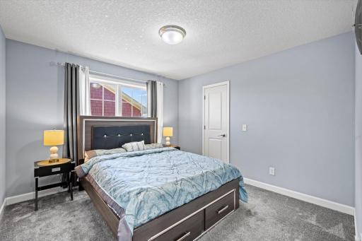 Well-lit guest bedroom featuring plush carpet flooring, neutral paint tones, and generous window lighting.