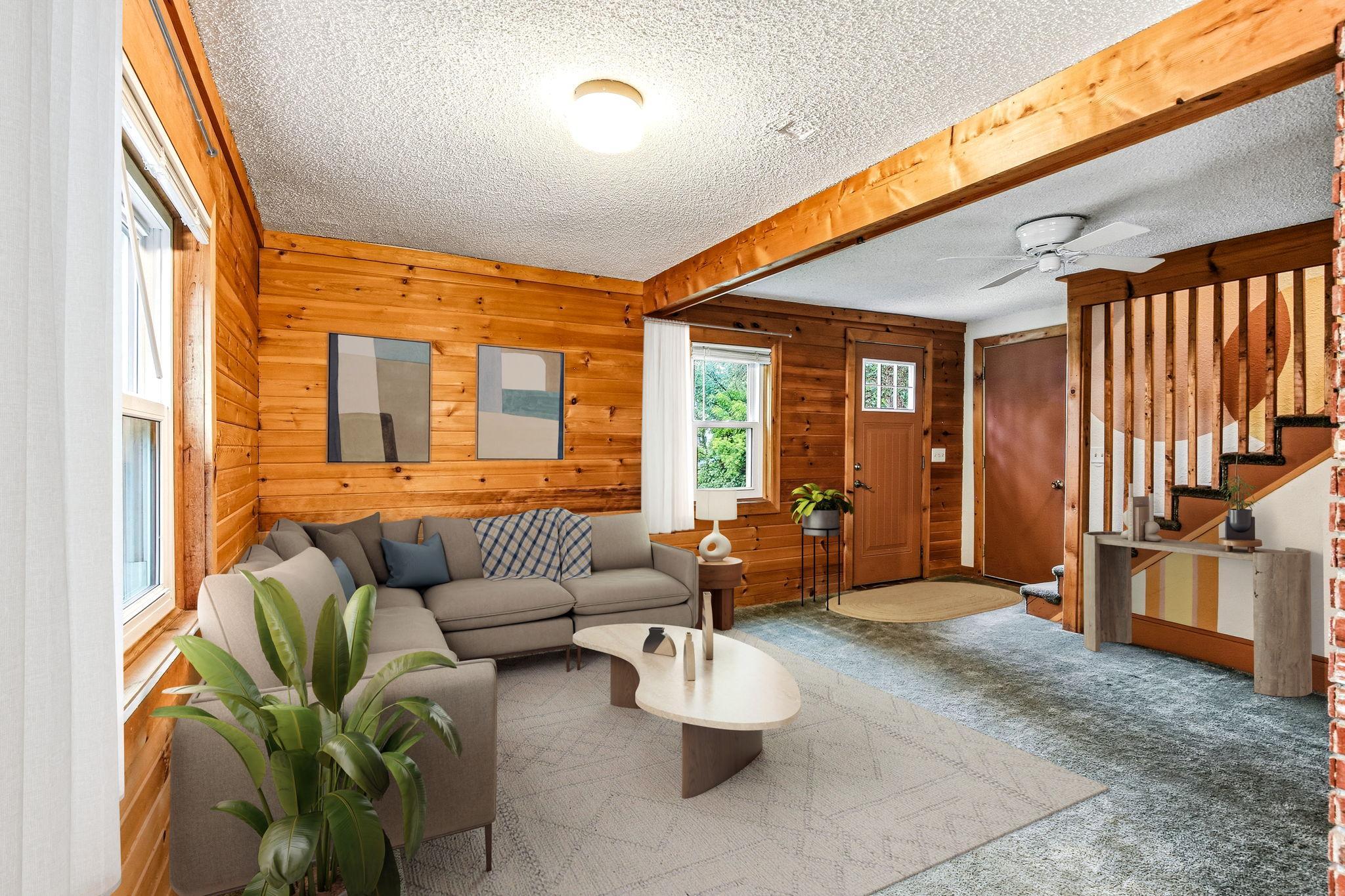 Welcoming living room with real wood walls-virtually staged