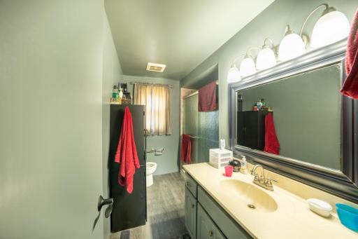 Remodeled bathroom with beautiful shower large linen cabinet, and grab bars! !
