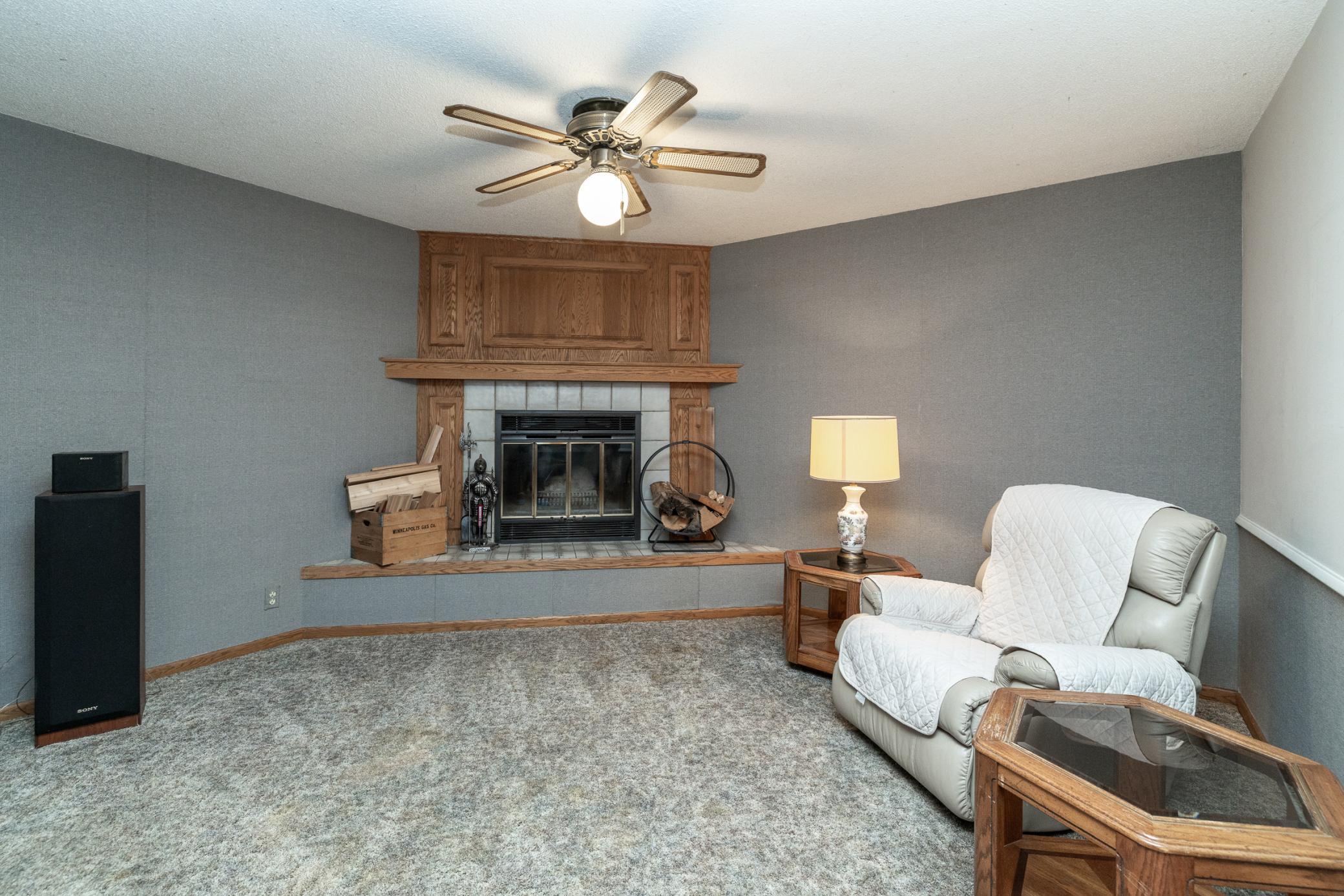 Lower Level Family Room With Wood Burning Fireplace