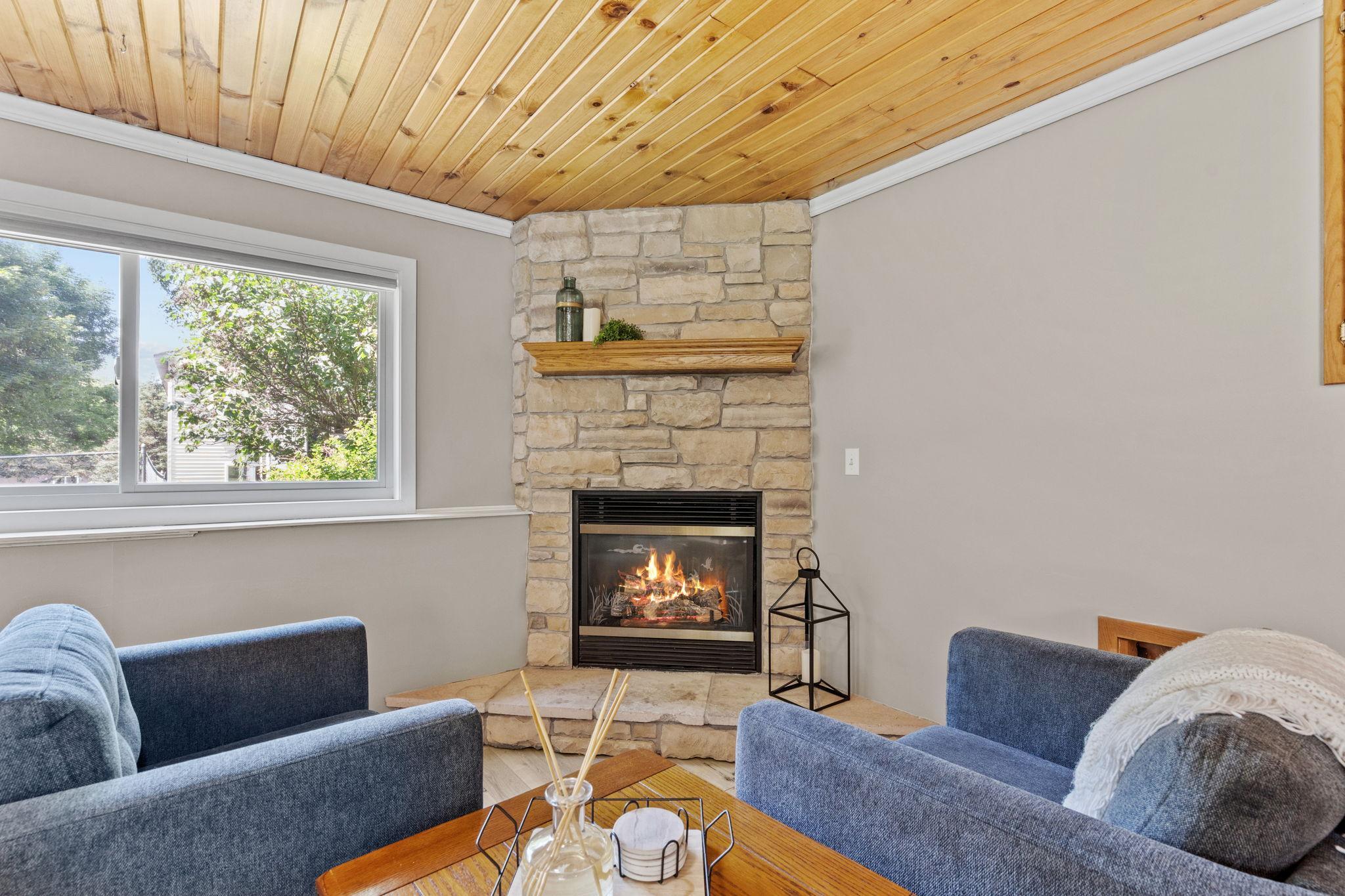 Gas fireplace with stone surround