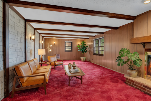 Lower Level Recreation Room - LOOK at those Beams! - Virtually Staged