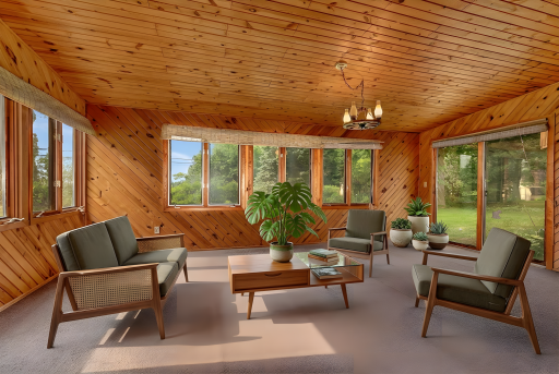 Three Season Porch - Accessed through Lower Level - Patio Doors Open to Back Yard - Virtually Staged