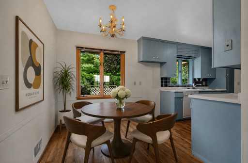 Dinette and Kitchen Area - Virtually Staged with Furniture and Wood Flooring