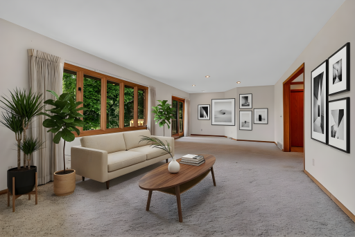 Expansive Livingroom with Patio Doors Leading to Deck - Space Allows for Dining Area near Patio Doors - Virtually Staged