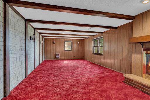 Recreation/Family Room in Basement - Fireplace - Beams - Classic Paneling. Room for Sitting Area and Pool Table, Ping Pong Table or Game Table 30'1" x 13'5"