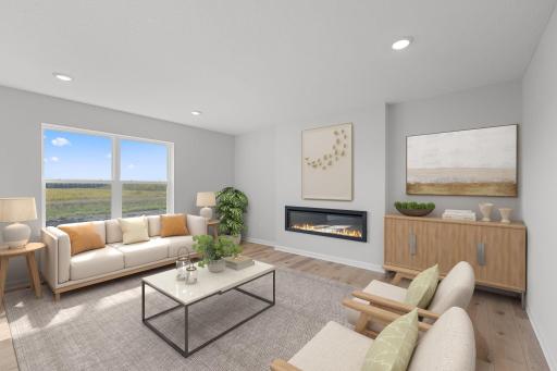 Family Room with fireplace. Virtual staging. Photo used for layout purposes. Finished may be different.