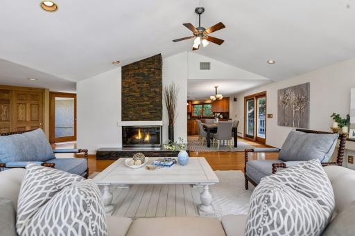 Stacked stone fire place sits at the heart of the home.