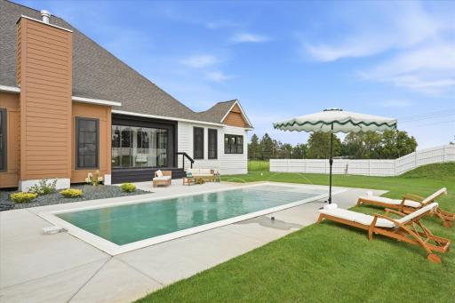Heated pool with large patio. very private backyard