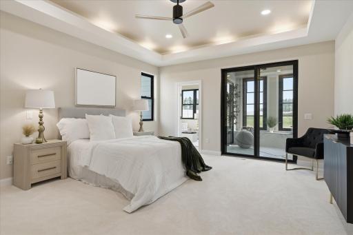 Owner's retreat with sitting room, sunroom and patio access, 2 large walk-in closets, and spa-inspired bath