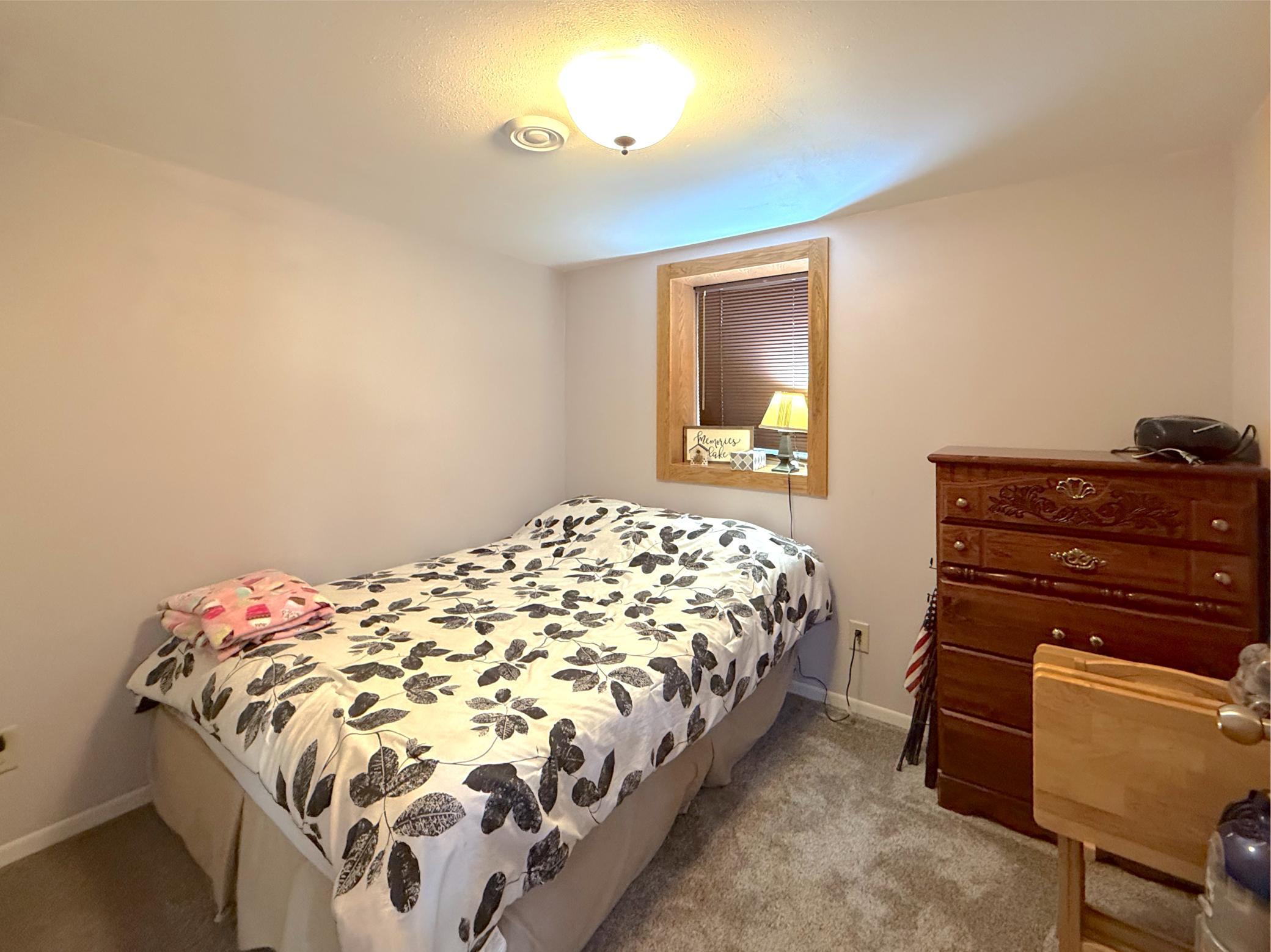 A bright lower-level bedroom with a large egress window offers comfortable accommodations for guests, family, or a private home office.